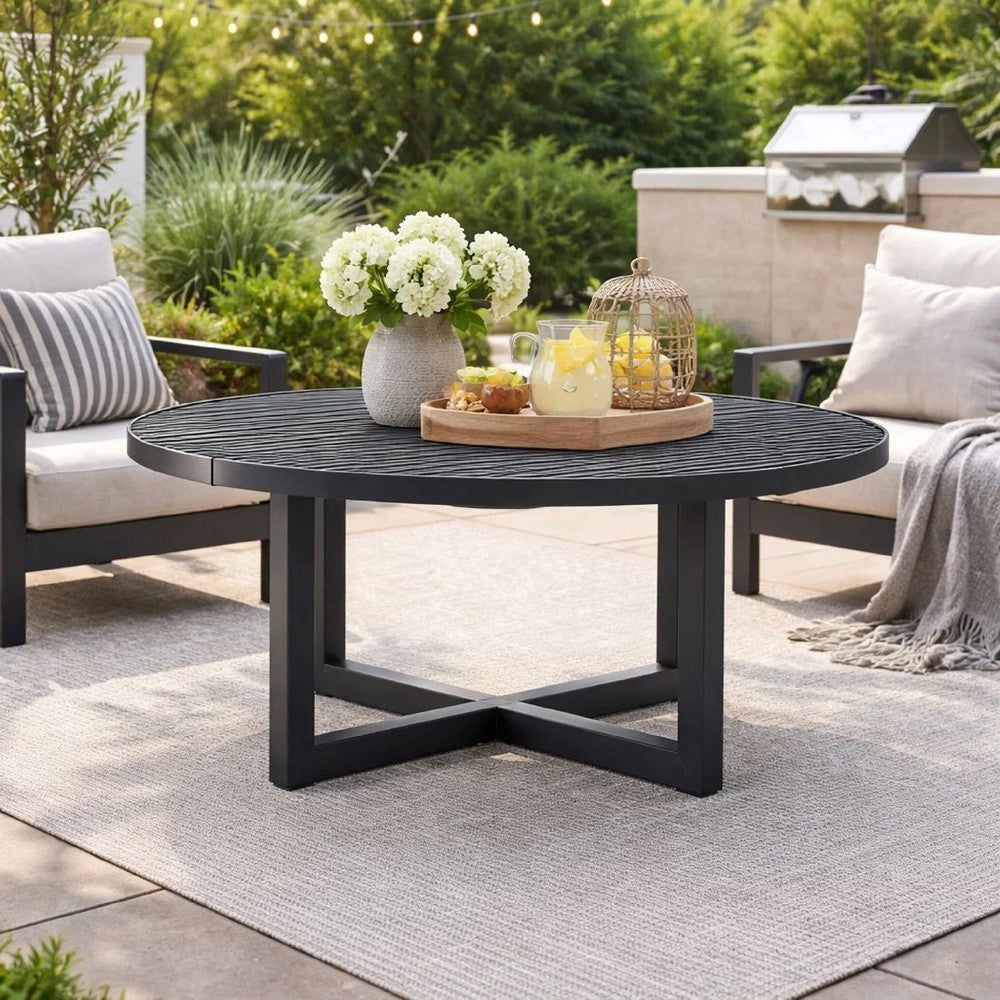 Enya Outdoor Coffee Table | 42" Slatted Round Top | Gray Aluminum