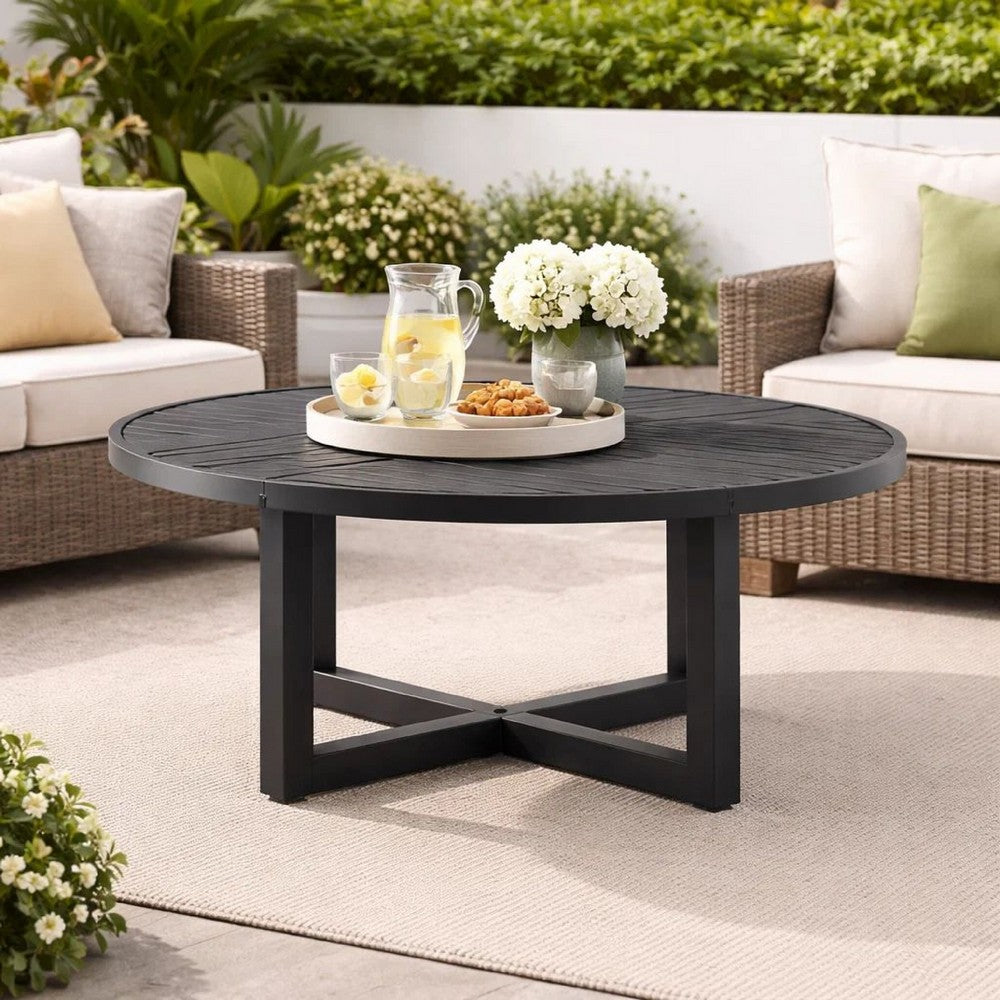 Enya Outdoor Coffee Table | 42" Slatted Round Top | Gray Aluminum