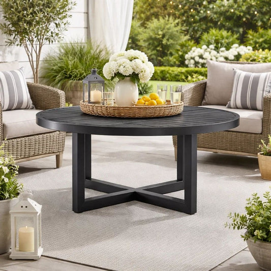 Enya Outdoor Coffee Table | 42" Slatted Round Top | Gray Aluminum