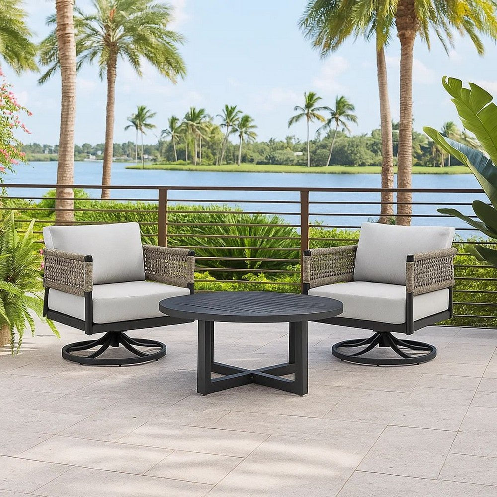 Dena 3pc Outdoor Conversation Set, Table & 2 Swivel Chairs | Black Aluminum