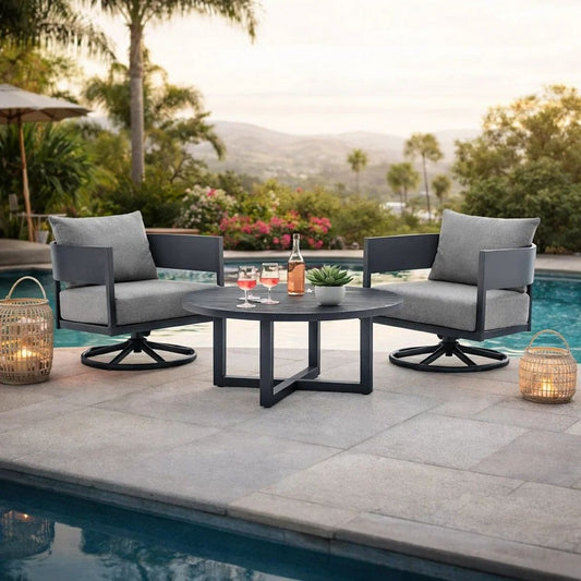 Enya 3pc Outdoor Lounge Table & 2 Swivel Chair Set | Dark Gray Aluminum