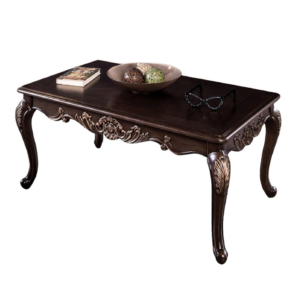 Astor Coffee Table | 52" Dark Cherry Brown Wood | Carved Details