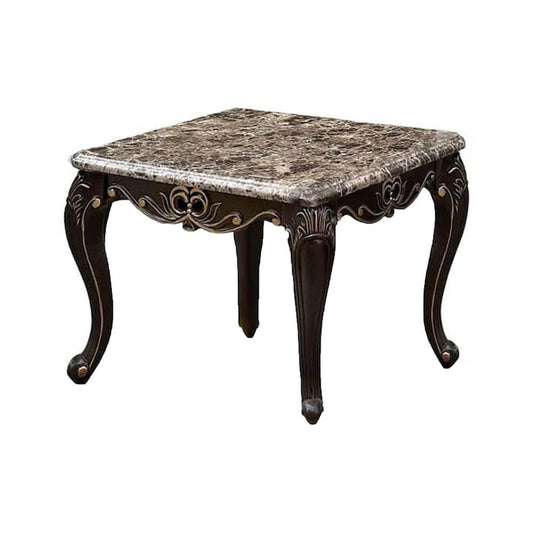 Ery End Table | Dark Walnut Brown Wood | Carved Details | 28"