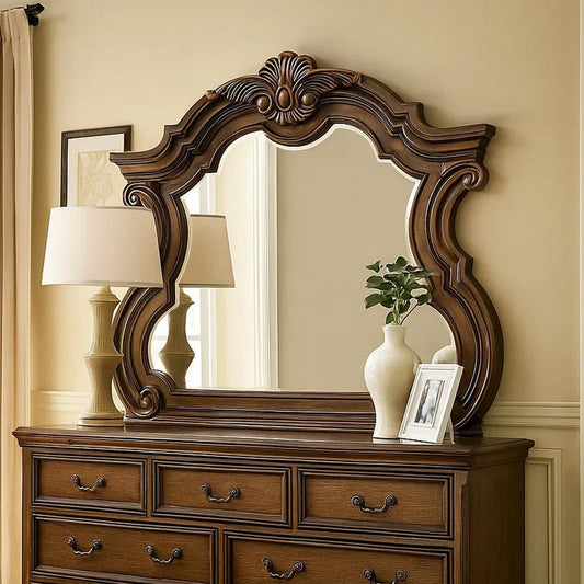 Leova Beveled Dresser Mirror | 50" Brown Wood Ornate Moulding