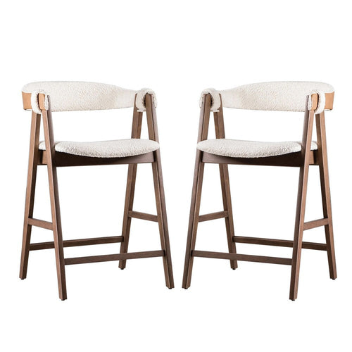 Ebik Counter Stool Chair Set of 2 | Walnut Brown Wood | Beige Boucle