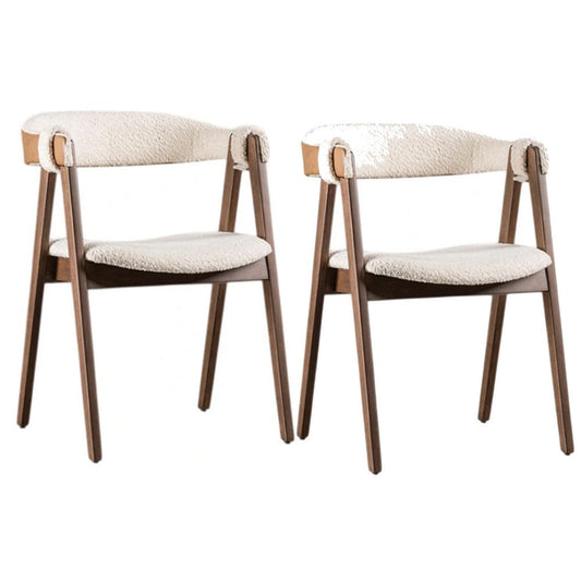 Ebik Side Dining Chair Set of 2 | Curve Panel Back | Walnut Brown Wood | Beige Boucle