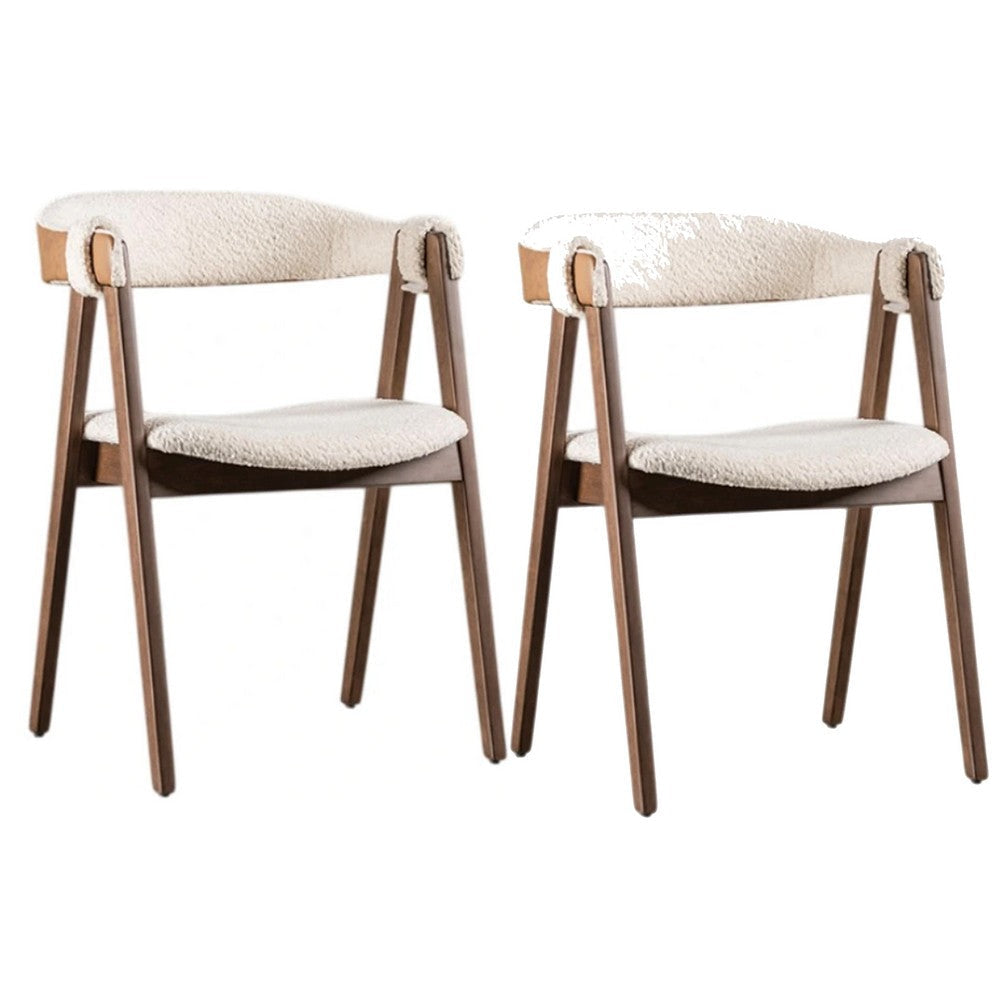 Ebik Side Dining Chair Set of 2 | Curve Panel Back | Walnut Brown Wood | Beige Boucle