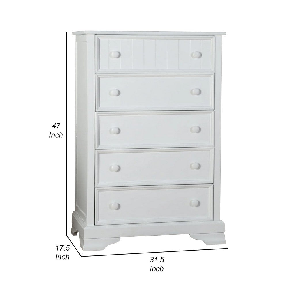 Toli Tall Dresser Chest | 5 Drawers w Round Knobs | White Solid Hardwood BM339275