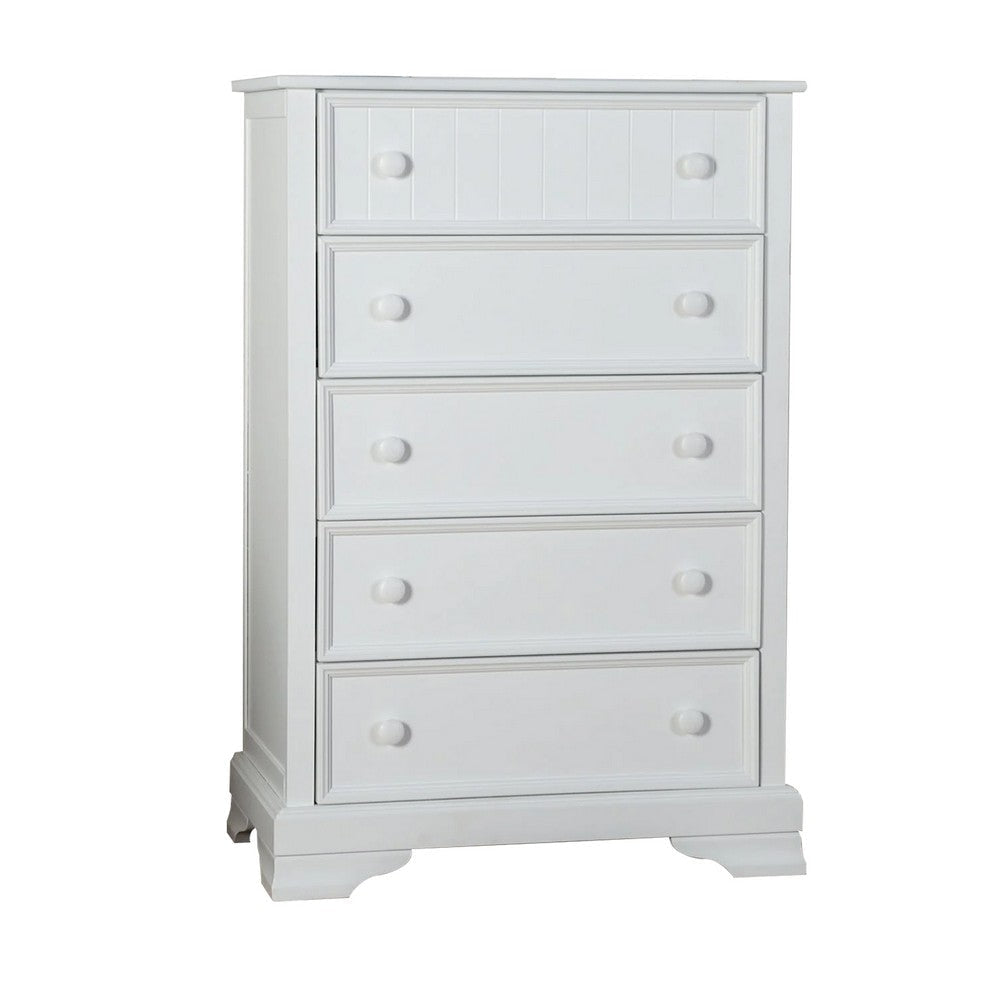 Toli Tall Dresser Chest | 5 Drawers w Round Knobs | White Solid Hardwood