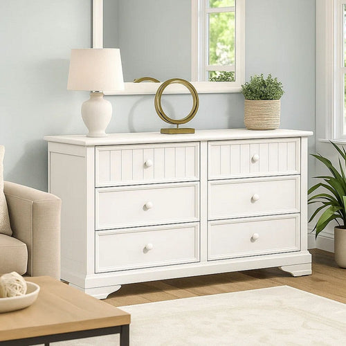 Toli Wide Dresser | 6 Drawers w Round Knobs | White Solid Hardwood