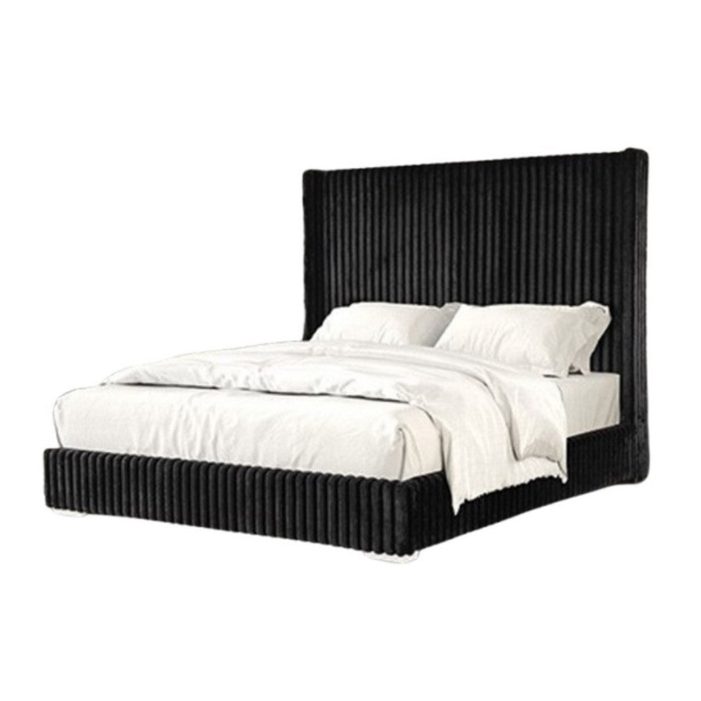 Wolo King Bed | Black Fur Chenille Ribbed Upholstery | Wing Headboard