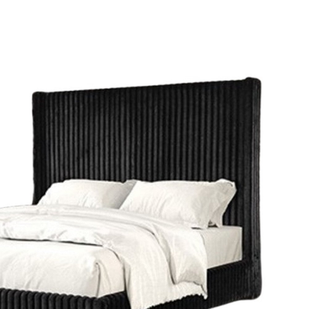 Wolo King Bed | Black Fur Chenille Ribbed Upholstery | Wing Headboard