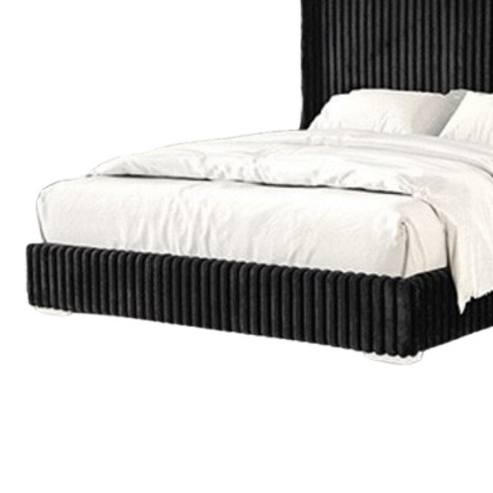 Wolo King Bed | Black Fur Chenille Ribbed Upholstery | Wing Headboard