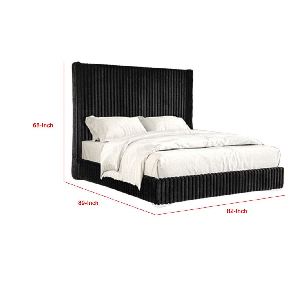 Wolo King Bed | Black Fur Chenille Ribbed Upholstery | Wing Headboard