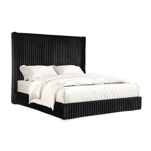 Wolo Full Bed | Black Fur Chenille Ribbed Upholstery | Wing Headboard