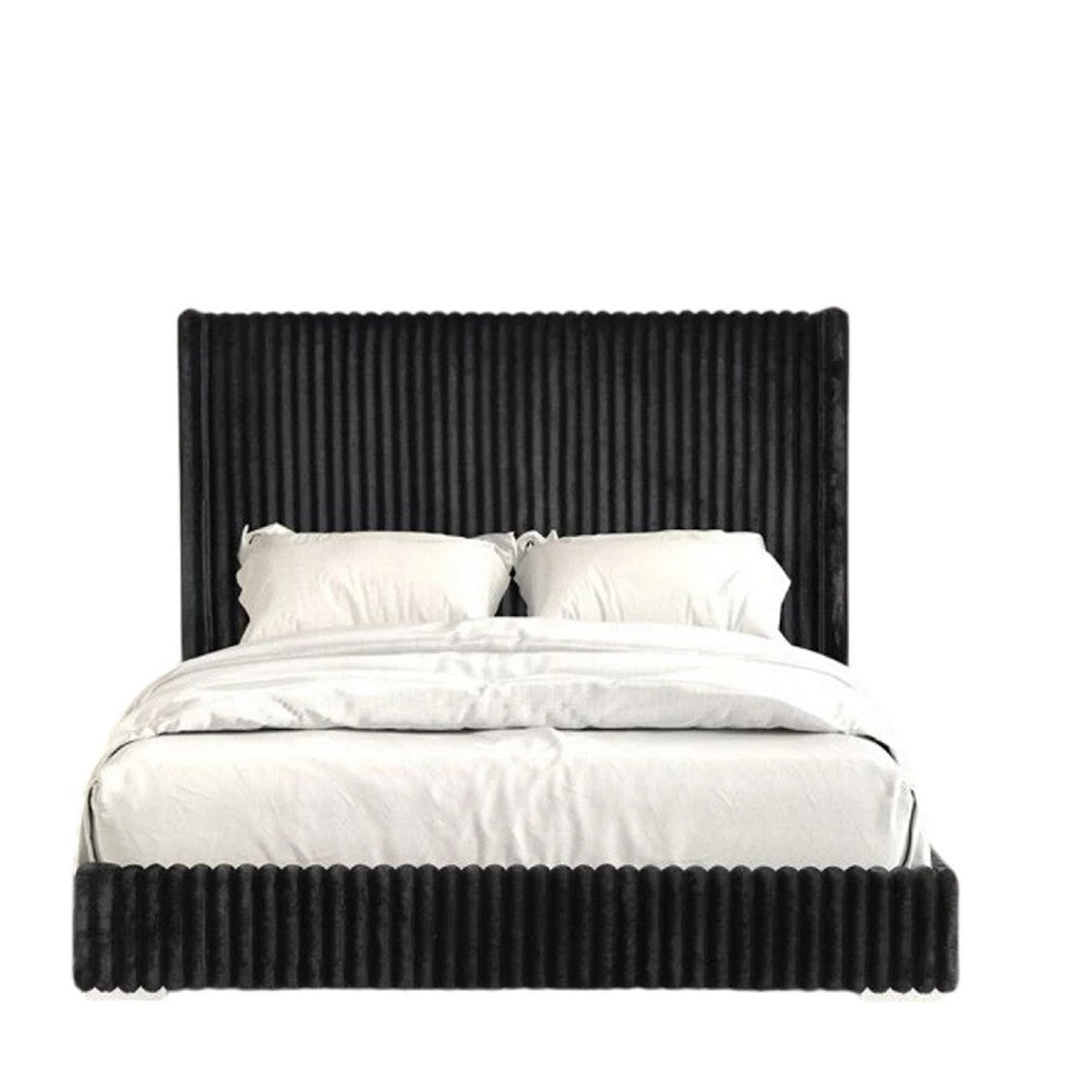 Wolo Twin Bed | Black Fur Chenille Ribbed Upholstery | Wing Headboard