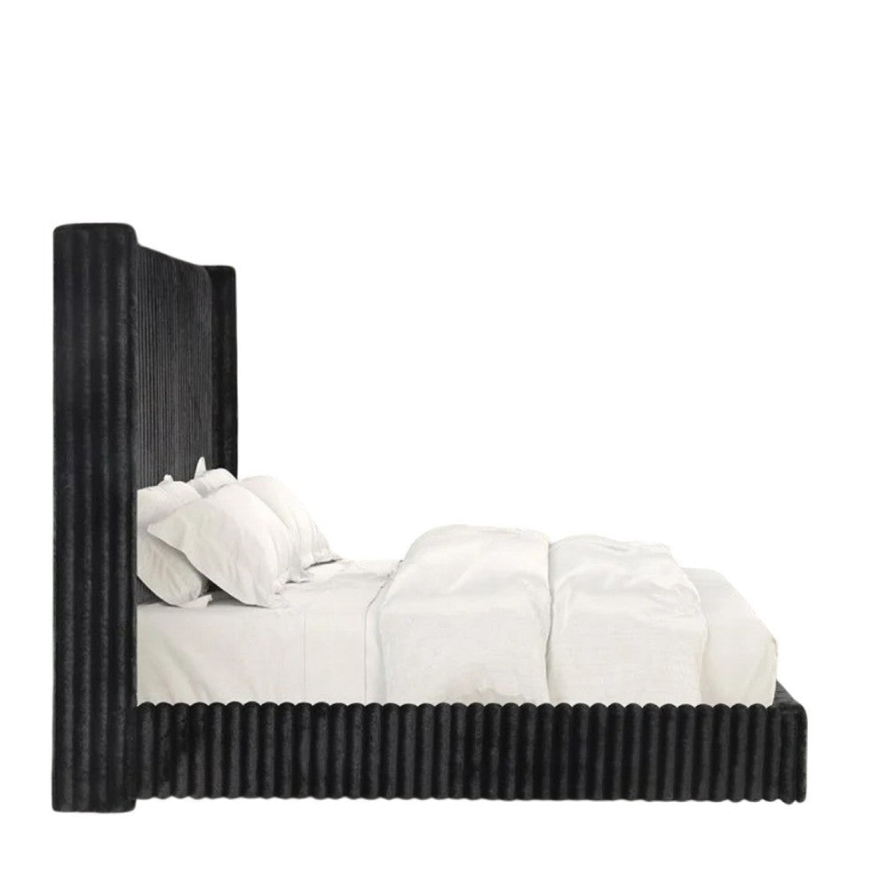 Wolo Twin Bed | Black Fur Chenille Ribbed Upholstery | Wing Headboard