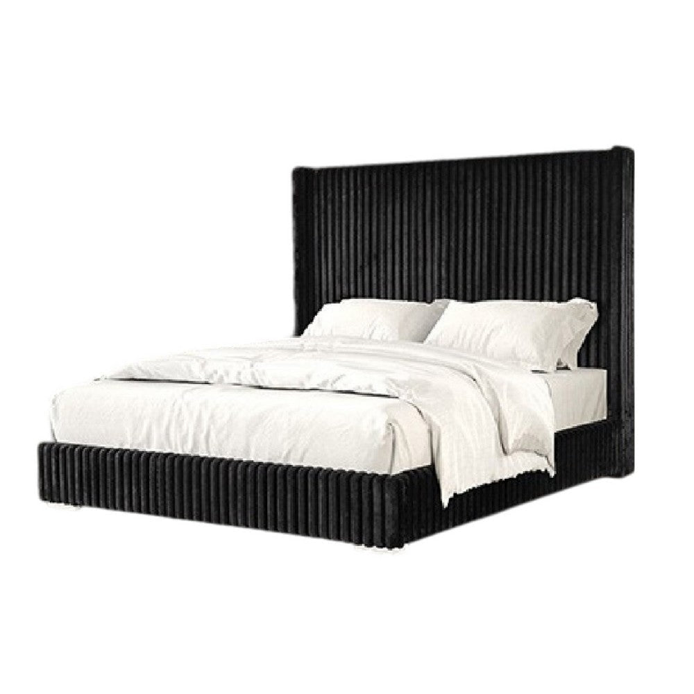 Wolo Twin Bed | Black Fur Chenille Ribbed Upholstery | Wing Headboard