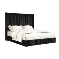 Wolo Twin Bed | Black Fur Chenille Ribbed Upholstery | Wing Headboard