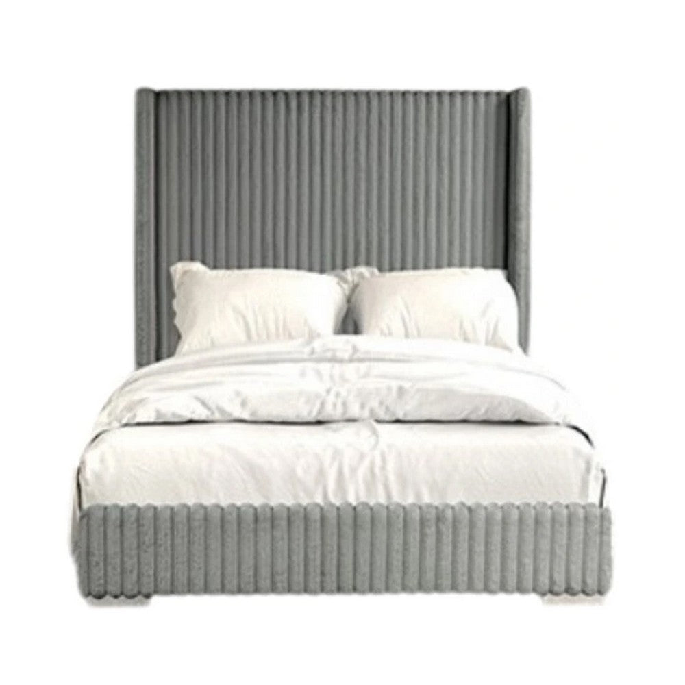 Wolo King Bed | Gray Fur Chenille Ribbed Upholstery | Wing Headboard