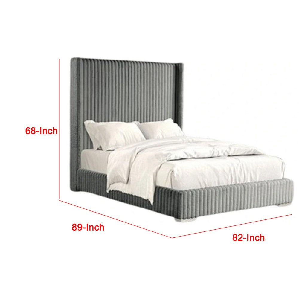 Wolo King Bed | Gray Fur Chenille Ribbed Upholstery | Wing Headboard