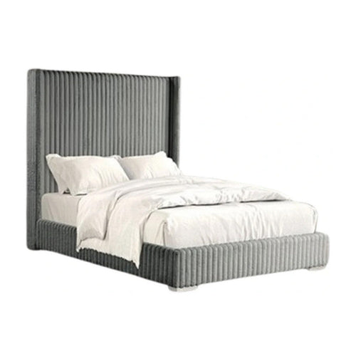 Wolo Queen Bed | Gray Fur Chenille Ribbed Upholstery | Wing Headboard