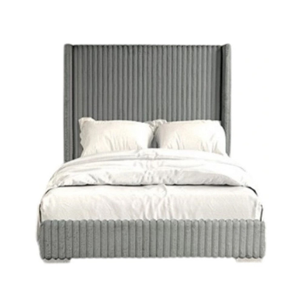 Wolo Twin Bed | Gray Fur Chenille Ribbed Upholstery | Wing Headboard