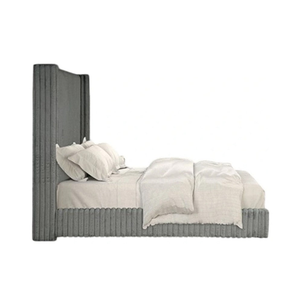 Wolo Twin Bed | Gray Fur Chenille Ribbed Upholstery | Wing Headboard