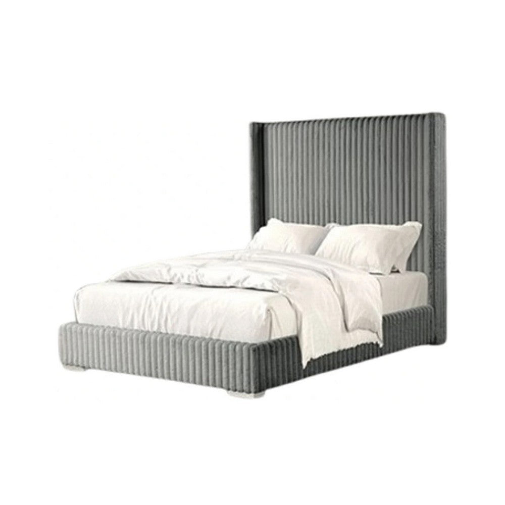 Wolo Twin Bed | Gray Fur Chenille Ribbed Upholstery | Wing Headboard