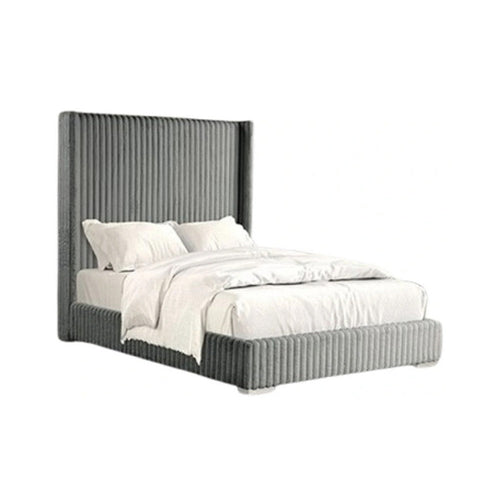 Wolo Twin Bed | Gray Fur Chenille Ribbed Upholstery | Wing Headboard