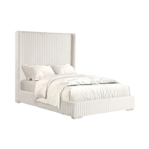 Wolo Queen Bed | White Fur Chenille Ribbed Upholstery | Wing Headboard