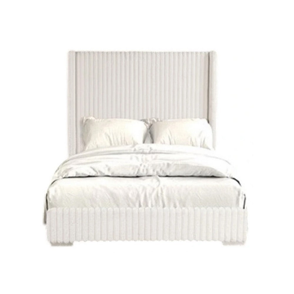Wolo Queen Bed | White Fur Chenille Ribbed Upholstery | Wing Headboard
