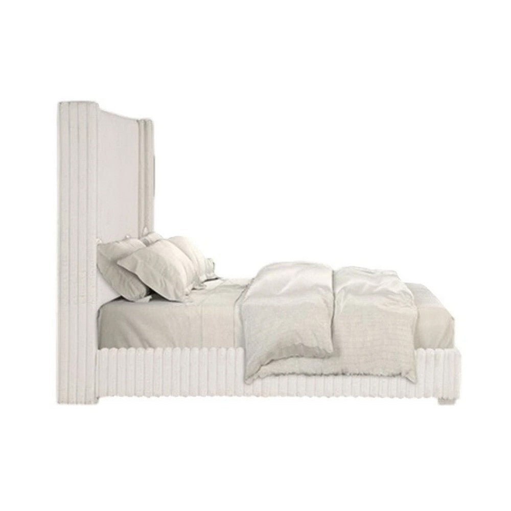 Wolo Queen Bed | White Fur Chenille Ribbed Upholstery | Wing Headboard