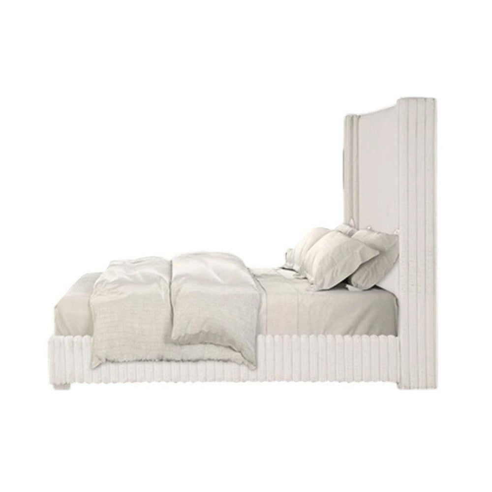 Wolo Queen Bed | White Fur Chenille Ribbed Upholstery | Wing Headboard