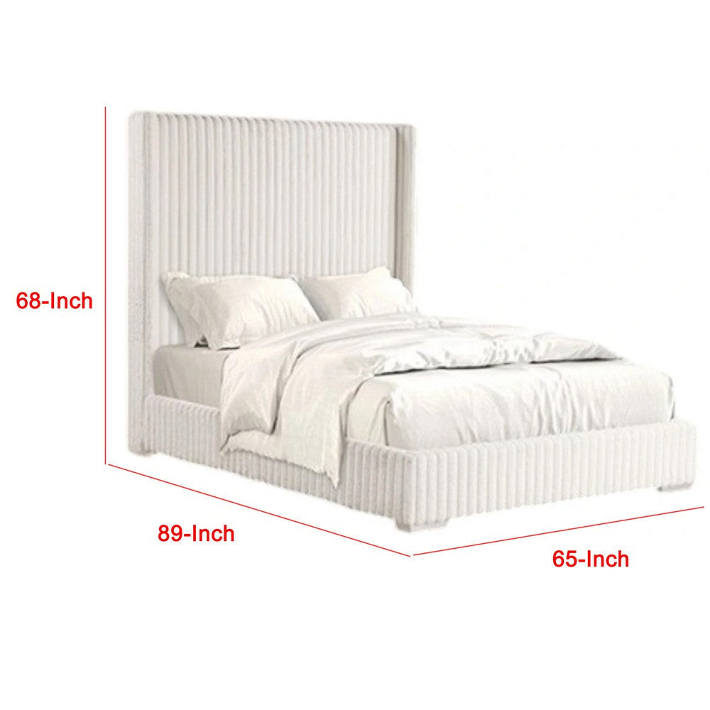 Wolo Queen Bed | White Fur Chenille Ribbed Upholstery | Wing Headboard