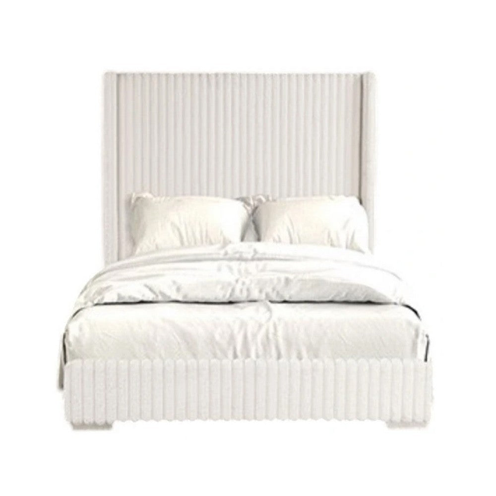 Wolo Twin Bed | White Fur Chenille Ribbed Upholstery | Wing Headboard