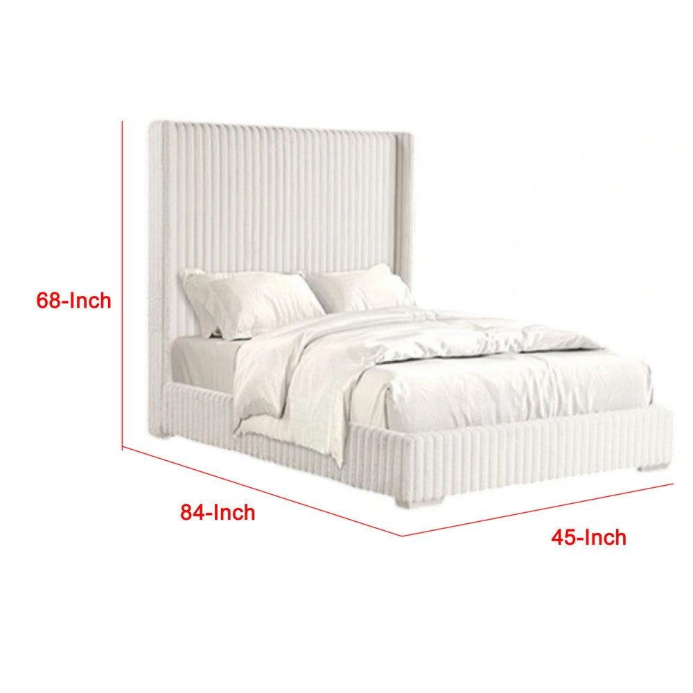 Wolo Twin Bed | White Fur Chenille Ribbed Upholstery | Wing Headboard