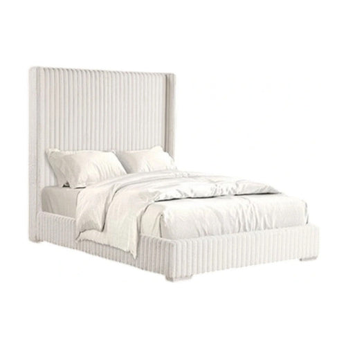 Wolo Twin Bed | White Fur Chenille Ribbed Upholstery | Wing Headboard