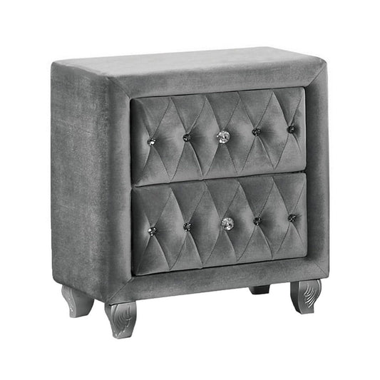 Rea Nightstand | 26" | 2 Drawers | Button Tufted Gray Fabric