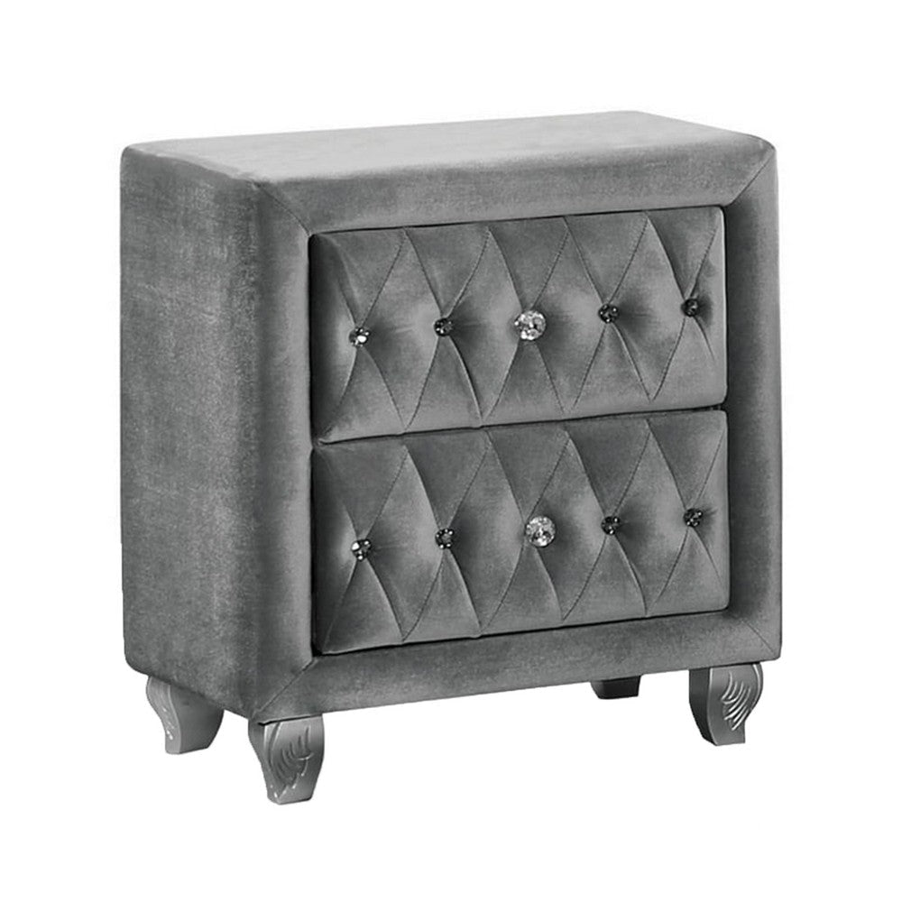 Rea Nightstand | 26" | 2 Drawers | Button Tufted Gray Fabric