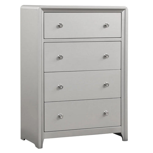 Broy Tall Dresser Chest | 4 Drawers | Crystal Knobs | Champagne Gray Wood