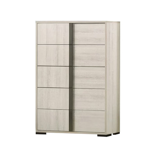 Hyao Tall Dresser Chest | 5 Drawers w Chrome Handles | White Wash Veneer