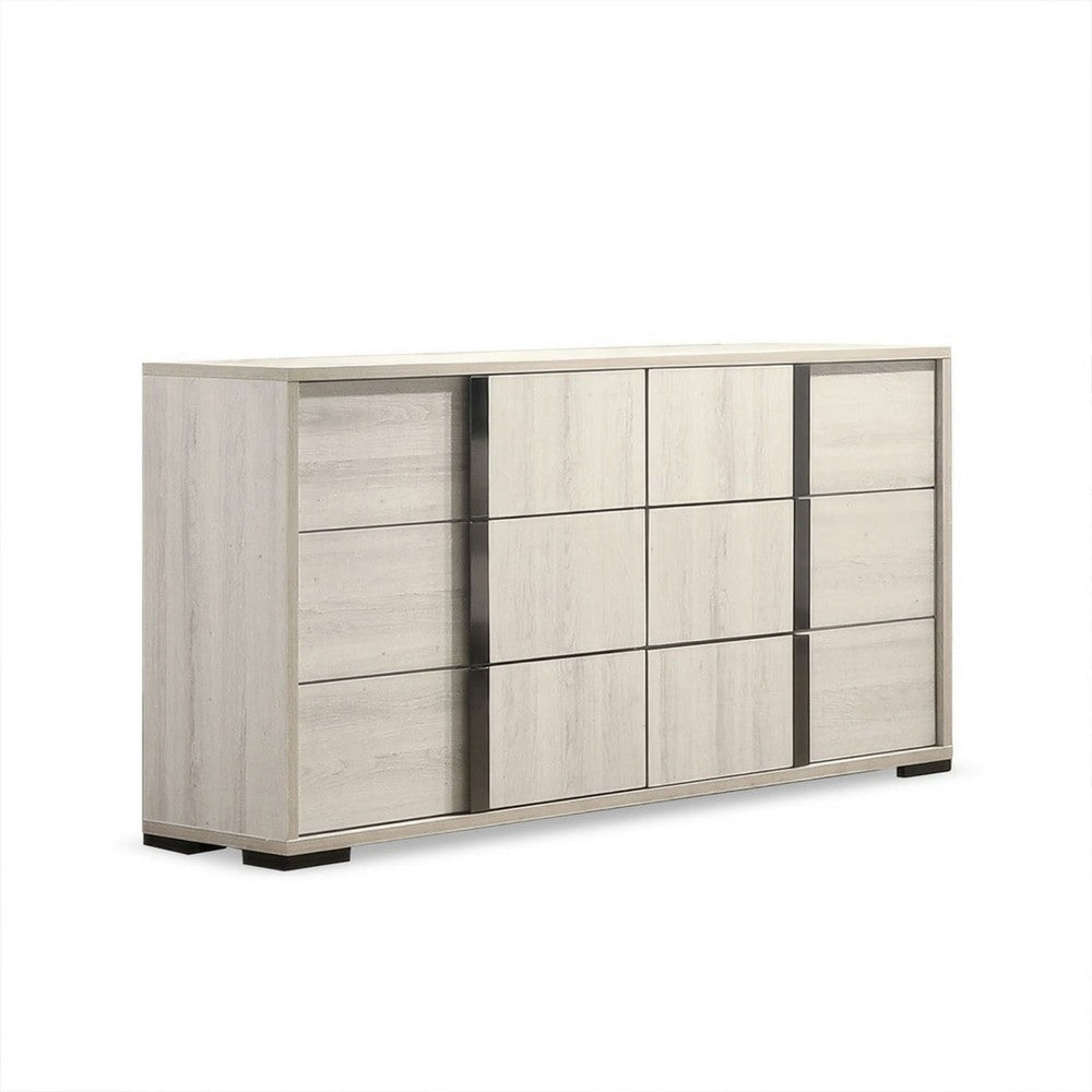 Hyao Wide Dresser | 6 Drawers w Chrome Handles | White Wash Veneer