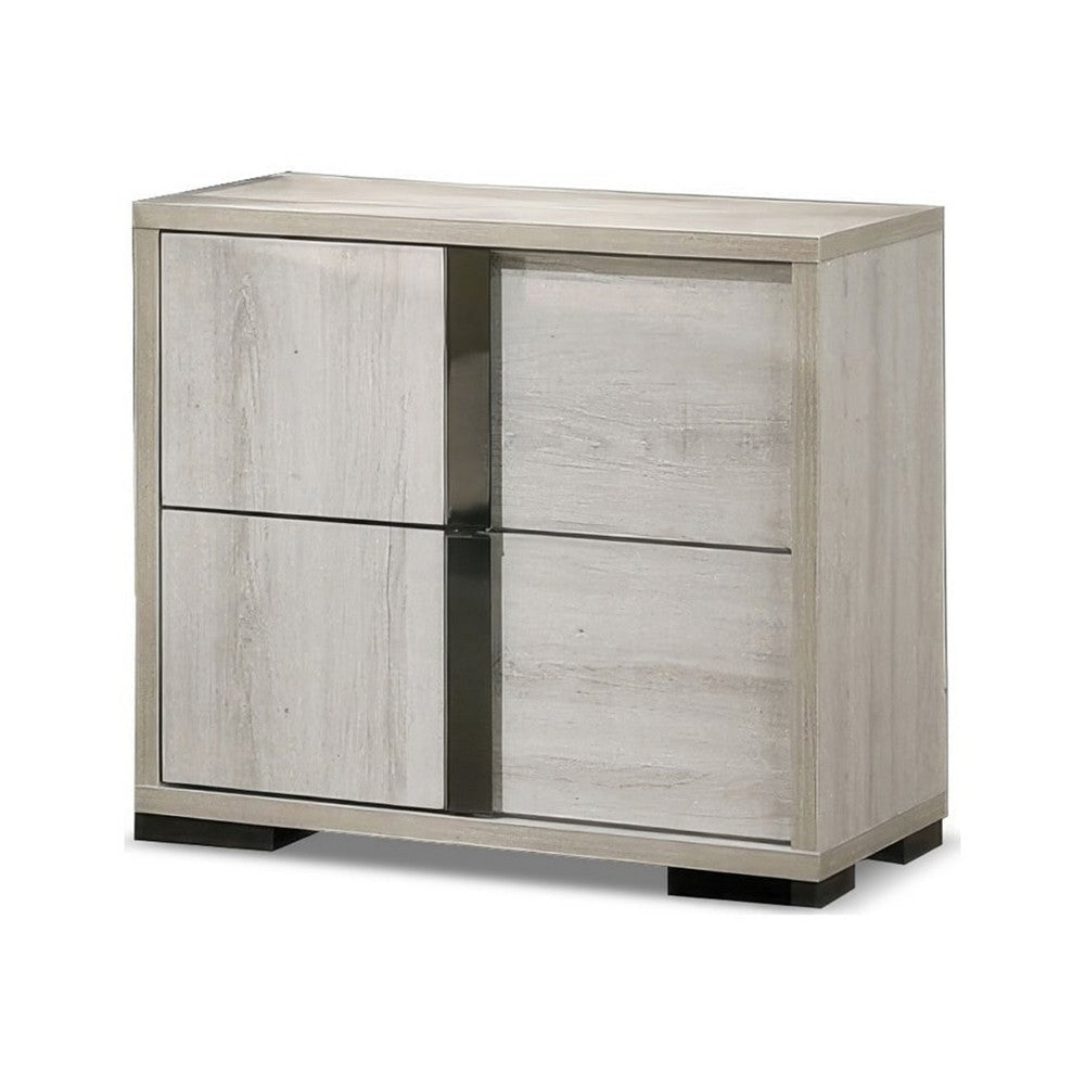 Hyao Nightstand | 26" | 2 Drawers | Chrome Handles | White Wash Veneer