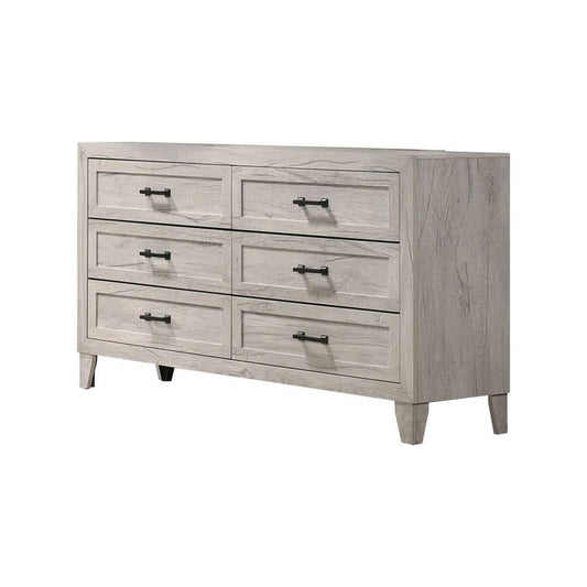 Miot Wide Dresser | 6 Drawers w Metal Handles | White Wash Wood