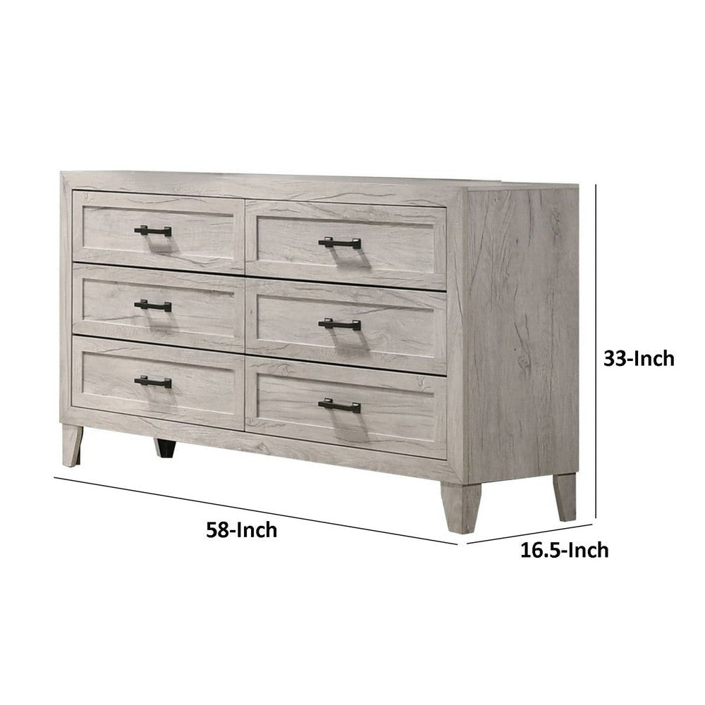 Miot Wide Dresser | 6 Drawers w Metal Handles | White Wash Wood BM339317