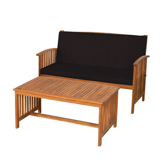 Kaila 2pc Outdoor Table & Loveseat Set | Black Cushion | Natural Brown