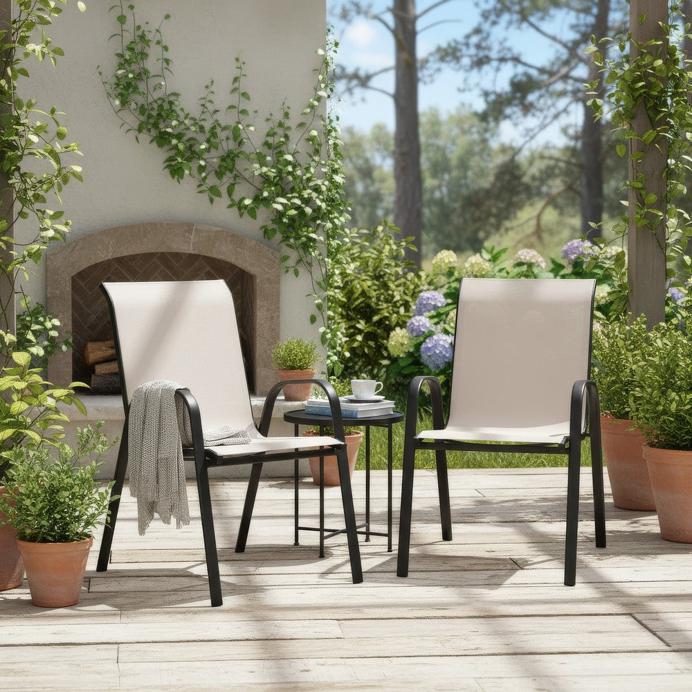 Feli Outdoor Stacking Chair Set of 2 | Beige Mesh Fabric | Black Metal