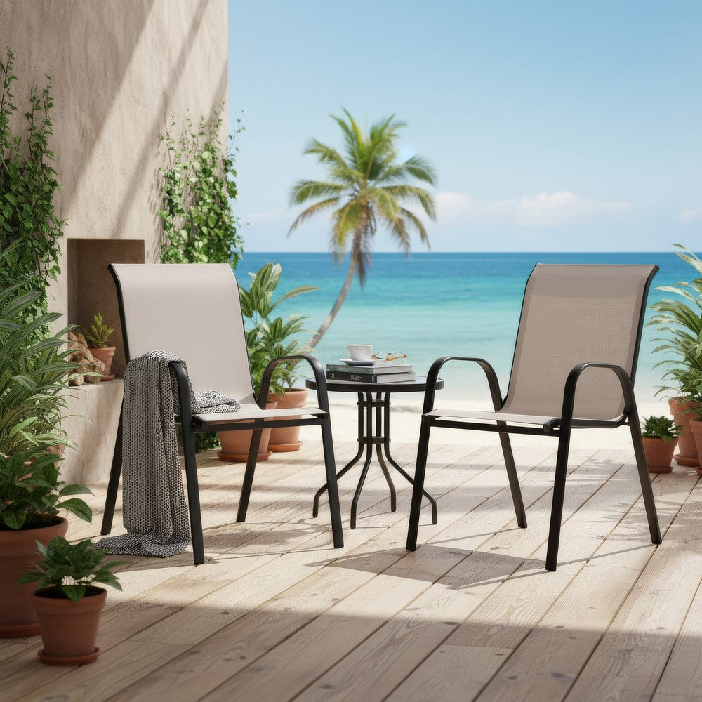 Feli Outdoor Stacking Chair Set of 2 | Beige Mesh Fabric | Black Metal