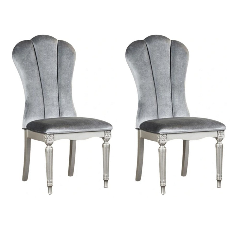 Hixe Side Dining Chair Set of 2 | Silver Wood | Gray Fabric Cushioned Seats